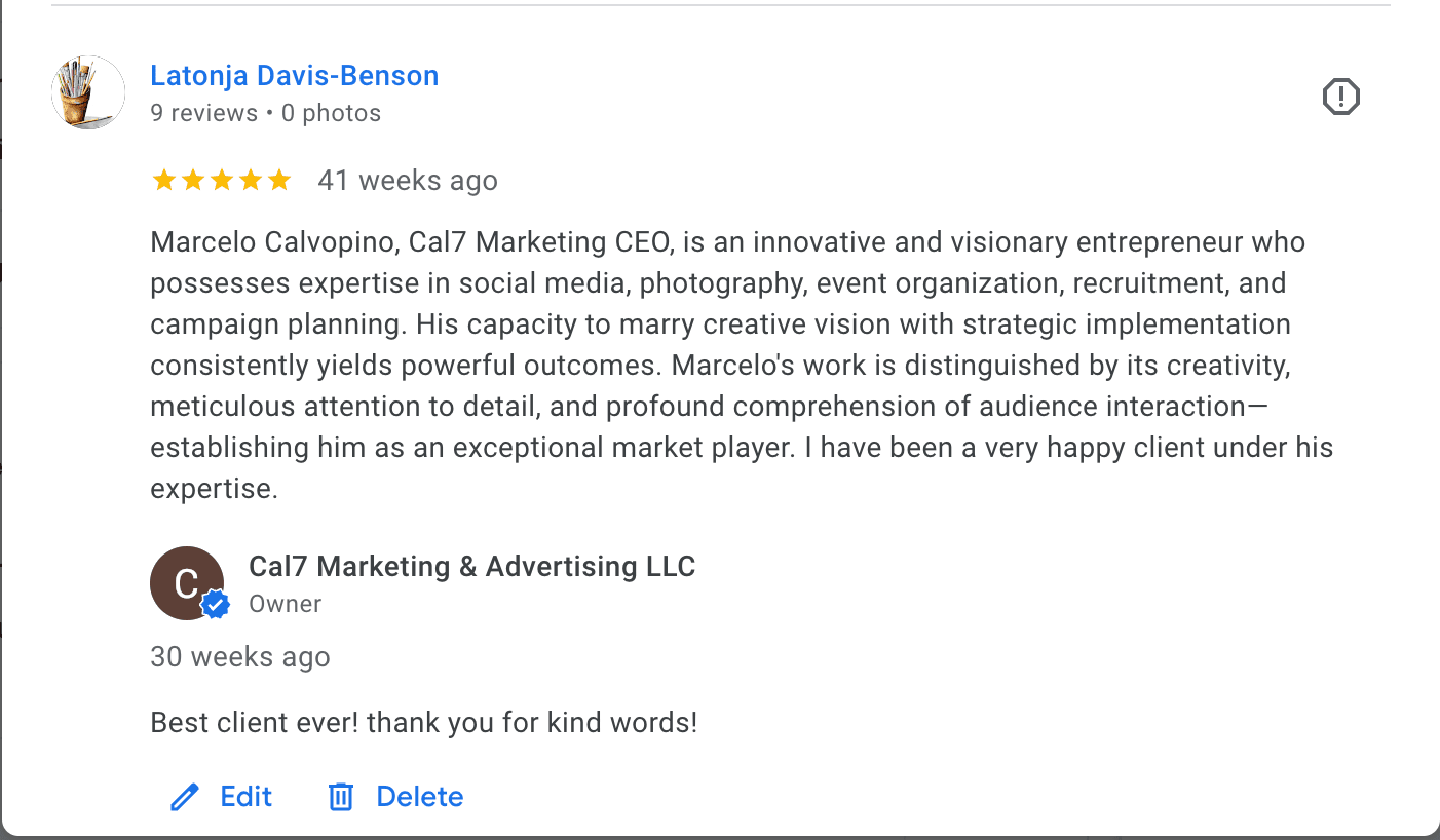 5 star review for marketing services by cal7 marketing agency, by owner marcelo calvopina